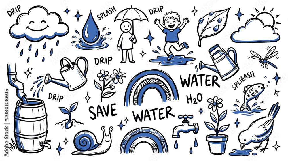 Fototapeta premium Collection of hand-drawn blue and black doodles illustrating water conservation and the water cycle on a white background