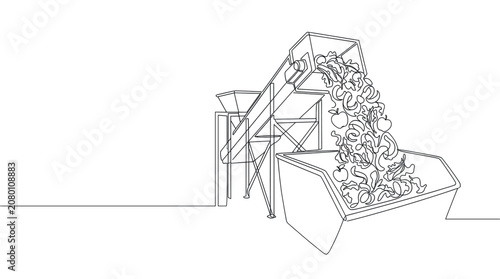 Continuous line drawing of a fruit and vegetable processing machine sorting fresh produce into a large bin