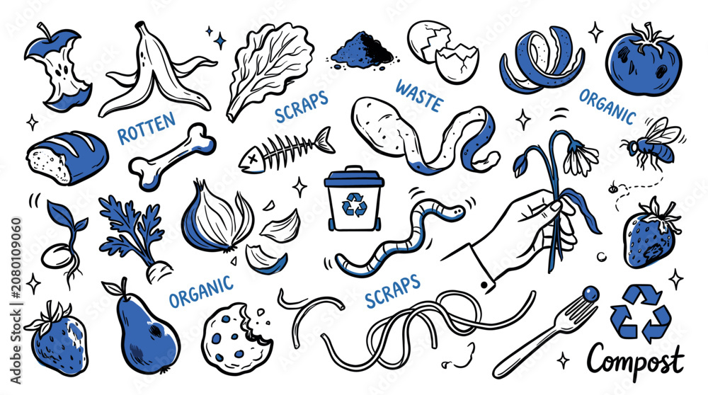 Obraz premium Various hand-drawn organic waste elements, including fruit peels, food scraps, and a compost bin, on a clean white background