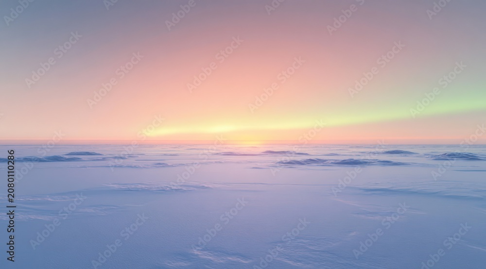 Obraz premium Tranquil frozen expanse at sunrise with rippled snow fields and a pastel glowing horizon, evoking calm and solitude