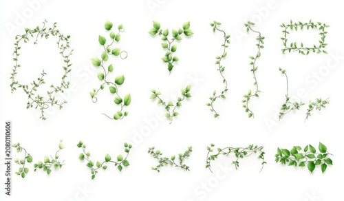 delicate green vine and leaf frames, borders, wreaths and corner garlands on white background conveying a fresh peaceful natural feeling