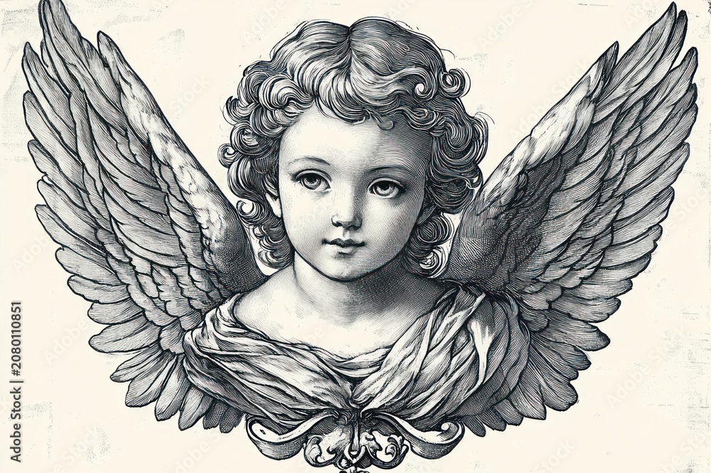 Obraz premium antique engraved angel bust with large feathered wings, curly hair and draped cloth, face obscured by a blurred square evoking mysterious haunting serenity