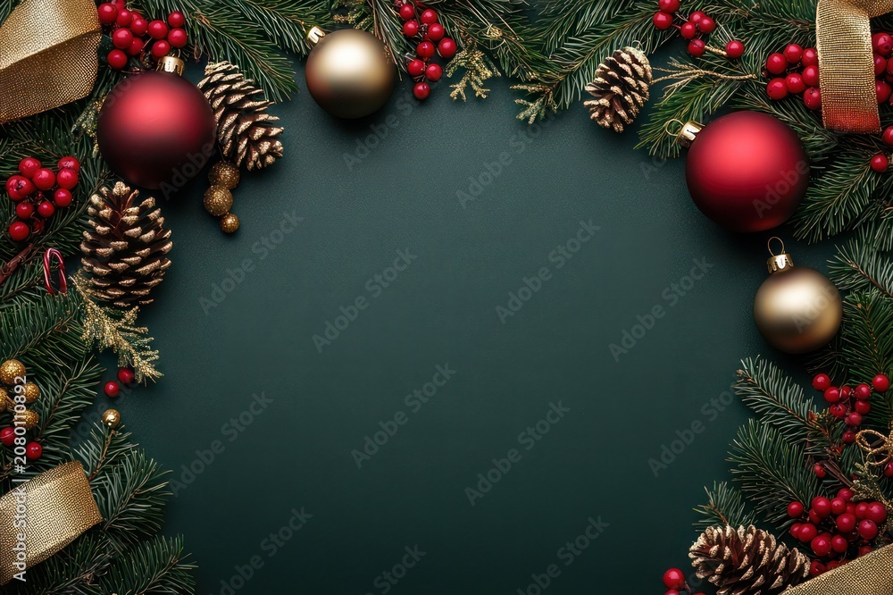 Fototapeta premium Festive evergreen frame of fir branches, pine cones, red berries, red and gold baubles and gold ribbons surrounding an empty dark green center, warm holiday cheer