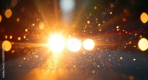 Three intense bright headlights glowing through golden lens flare and floating bokeh over a wet reflective road, creating a dramatic, cinematic and mesmerizing atmosphere