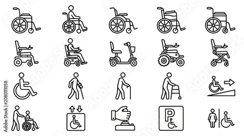 Wheelchair and disability accessibility line icon set