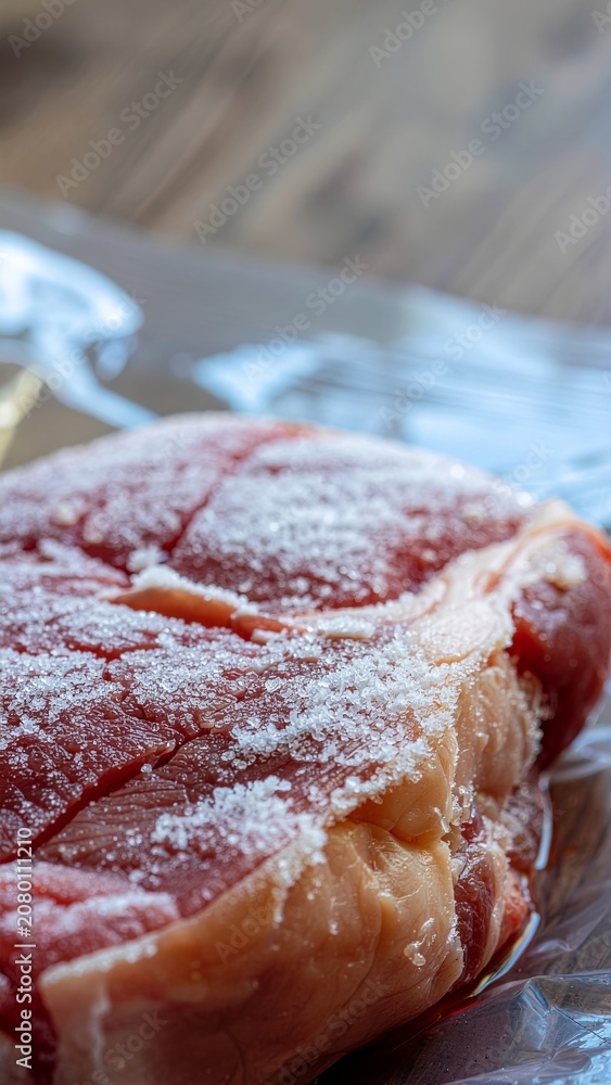Obraz premium Close up of raw meat seen with freezer burn crystals on its surface