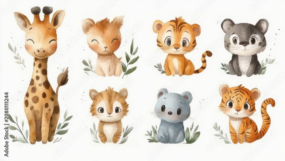 Fototapeta premium Eight adorable watercolor baby animals with leafy sprigs, smiling and peaceful — giraffe, fawn, two tiger cubs, raccoon-like and squirrel-like kits, and a sleepy koala conveying gentle playful charm