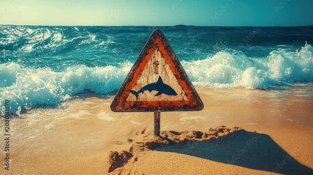 Fototapeta premium Rusted triangular shark warning sign planted in sunlit sandy beach with foamy turquoise waves crashing, casting a long shadow and evoking tense caution