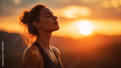 Peaceful young woman with eyes closed enjoys the warm golden sunlight during a calm evening of deep mindful meditation practice