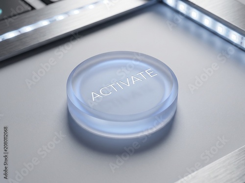 Close-up of a glowing blue Activate button on a modern desk next to a laptop.