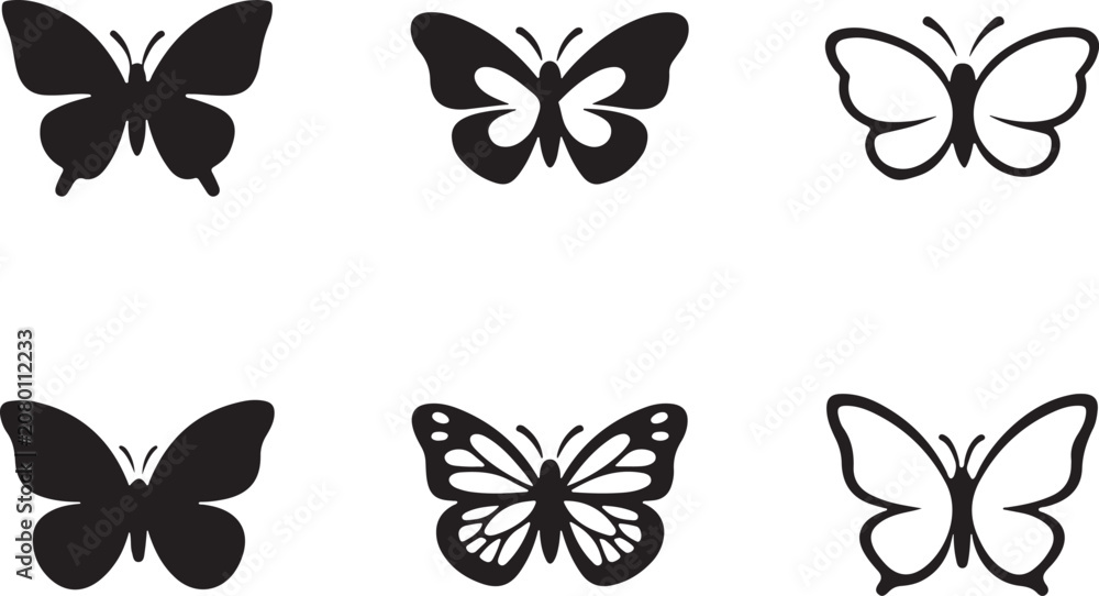 Fototapeta premium Butterfly silhouette icon set, elegant insect outline and solid vector clipart EPS.