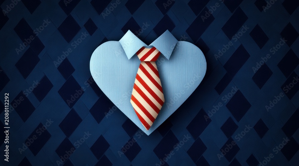 Obraz premium blue shirt folded into a heart shape with collar and red and white striped tie on a dark geometric background conveying affectionate professionalism