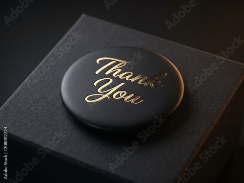 Elegant Black Round Object with Golden Thank You Text.