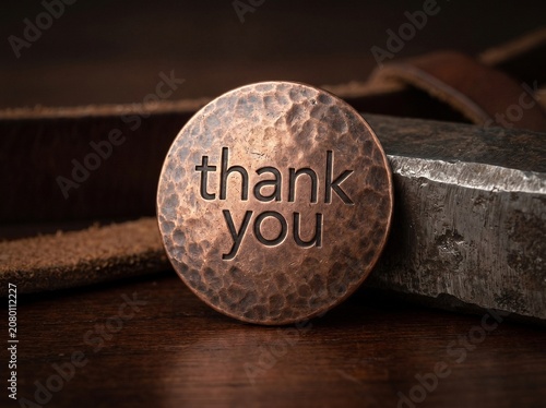 Close-up of a hammered copper coin with thank you engraved on it, set against a rustic background.