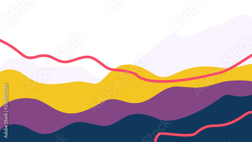 Colorful abstract layered concept with continuous red lines. Undulating flat layers featuring orange, purple, and dark navy. Modern visual.
