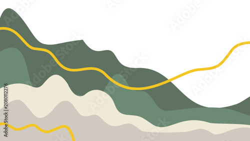 Retro nature fluid landscape background. Wavy layers in muted teal and cream with golden linear accents. Great for lively presentation designs.
