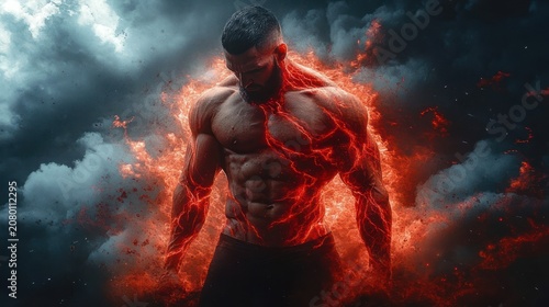 muscular shirtless man with glowing lava-like cracks and fiery aura standing amid storm clouds, radiating raw power and fury, face obscured