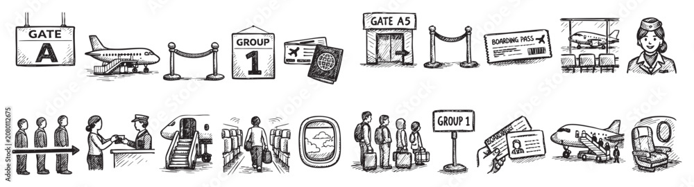 Fototapeta premium Collection of hand-drawn airport and flight related icons, depicting various stages of air travel in a simple, illustrative style