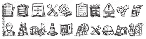 Comprehensive collection of hand-drawn maintenance and repair icons, featuring tools, safety equipment, and amusement park ride elements on a white background