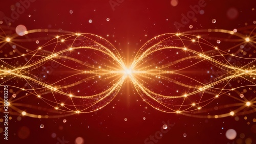 Abstract golden light patterns on red background