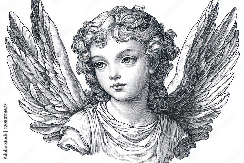 Obraz premium black and white engraved classical angel bust with curly hair and spread wings, draped clothing; face obscured by a gray square, evoking serene mystery and contemplative anonymity