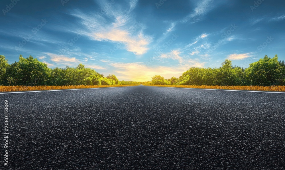 Naklejka premium Empty straight asphalt road disappearing to a glowing sunrise on the horizon between green trees under a dramatic blue sky, evoking calm, hope, and freedom