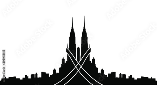 Symmetrical modern cityscape silhouette with striking twin towers