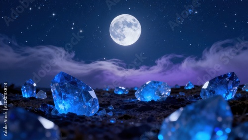Blue glowing crystals under moonlit sky