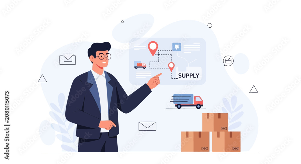 Obraz premium Man pointing at supply chain map with trucks, boxes, and logistics icons, modern flat illustration.