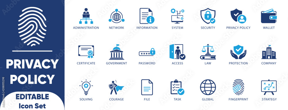 Fototapeta premium Privacy policy icon set. certificate, administration, condition, law, contract, management, policy, global, and solid icons. 