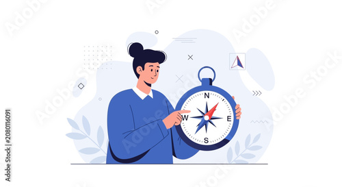 Person holding a compass, symbolizing navigation, direction, and finding the way forward. Modern flat illustration.