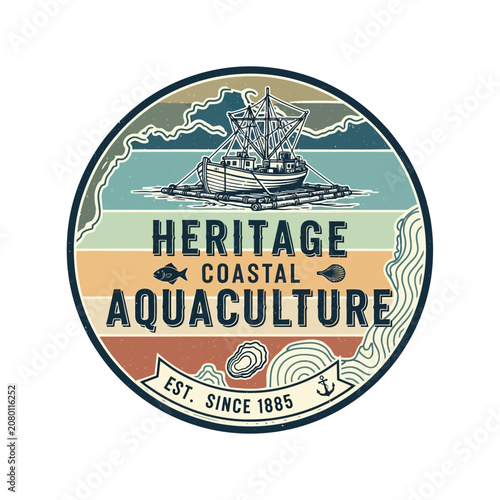 Vintage circular aquaculture emblem with fishing boat ocean waves for fish farming seafood industry marine agriculture commercial fishery logo design