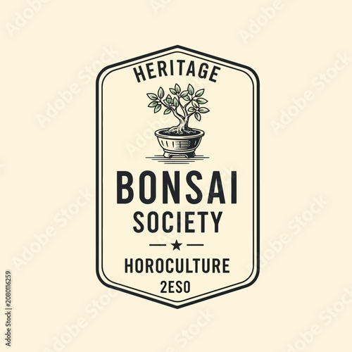 Vintage bonsai society badge with traditional japanese pine tree element for classic nature plant emblem oriental garden club logo design
