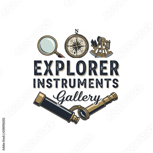 Vintage nautical instruments emblem with compass and telescope for maritime exploration adventure travel ocean navigation discovery history sailor antique logo design