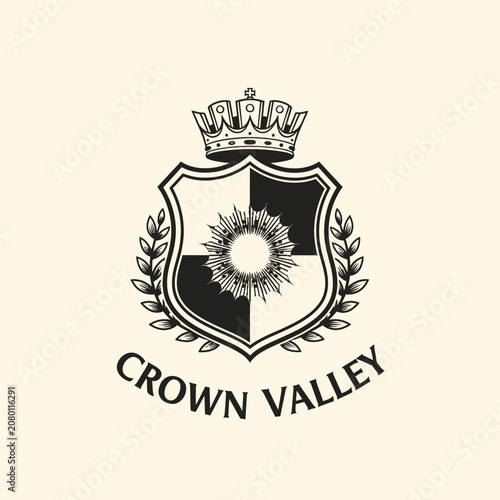 Vintage Crown Valley crest with shield laurel for mountain nature tourism landscape conservation environment outdoor exploration travel badge logo design