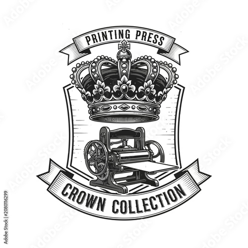Vintage printing press with crown emblem for publishing house history literature media journalism creative writing book printing industry logo design