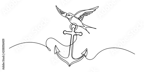 Fotografie Minimalist continuous line drawing of a flying swallow bird perched on a nautica