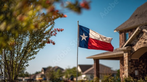 Texas flag waving in front of a house during a sunny day in a suburban neighborhood