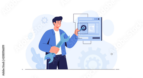Man with Wrench Working on Computer Interface with Gears Symbolizing Engineering and Technical Support