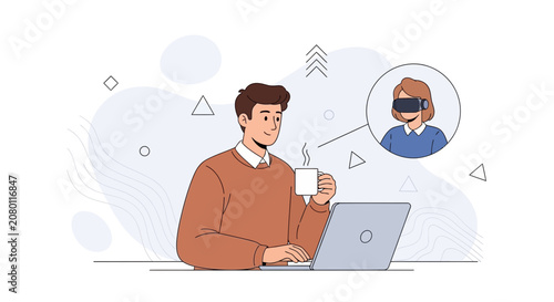 Man Working on Laptop and Drinking Coffee, Communicating with Woman Wearing VR Headset in Virtual Reality Meeting