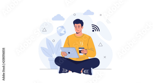 Man working on laptop with coffee and Wi-Fi symbol, modern flat illustration