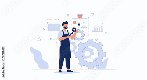 Mechanic working with gears and charts, concept of system setup, process improvement, and business strategy
