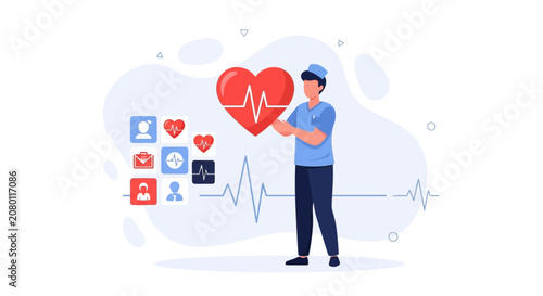 Medical Professional Holding Heart Symbol with Heartbeat Line and Healthcare Icons