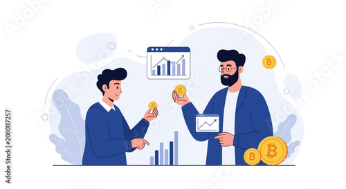Men discussing Bitcoin investment and financial growth with charts and cryptocurrency symbols