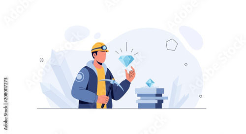 Miner discovering precious diamond in crystal cave, vector illustration