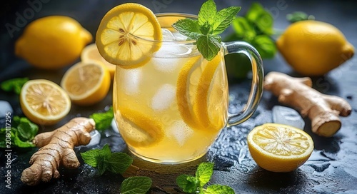 Refreshing iced lemon and ginger drink in a glass mug with lemon slices, ice cubes, fresh mint leaves and ginger roots, bright and invigorating summer beverage