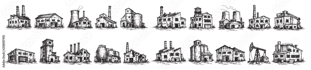 Obraz premium Collection of hand-drawn industrial buildings and factories, featuring various structures with chimneys and silos, isolated on a white background