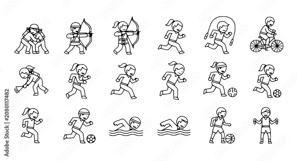 Fototapeta premium Diverse Sports Activities for Kids: Running, Cycling, Swimming, Archery, Football, Hockey, Jump Rope