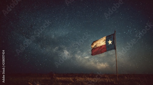 Starry night sky over Texas flag waving in the wind on a clear evening during the summer months in an open field