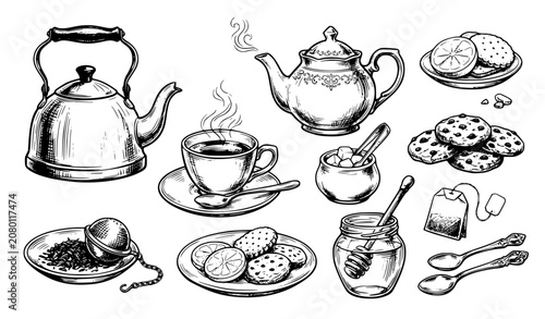 Photos Vintage Tea Time Hot Beverage Hand Drawn Vector Set EPS10